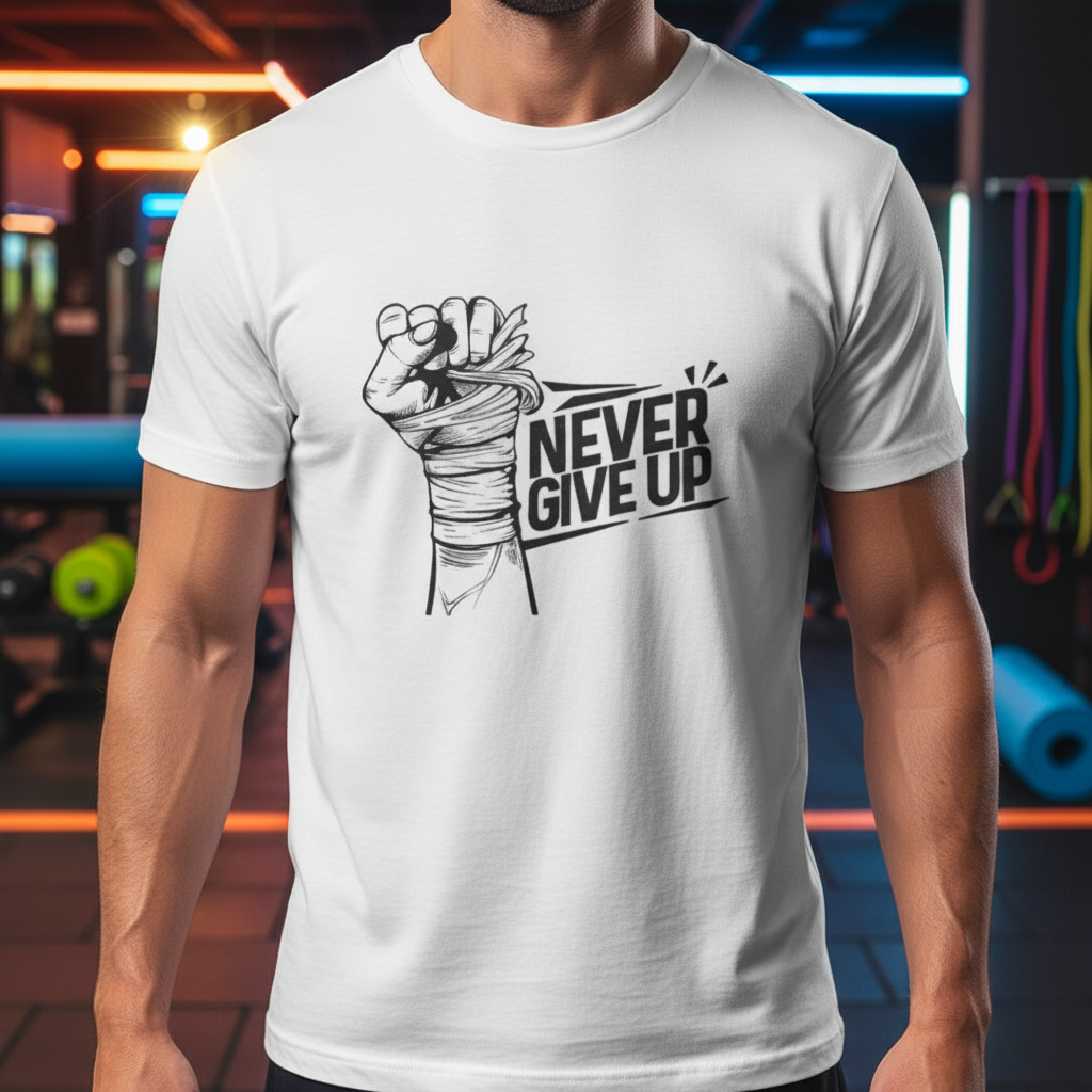 Never Give Up Fist Graphic Unisex T Shirt On White Cotton Short Sleeve Tee For Everyday Wear