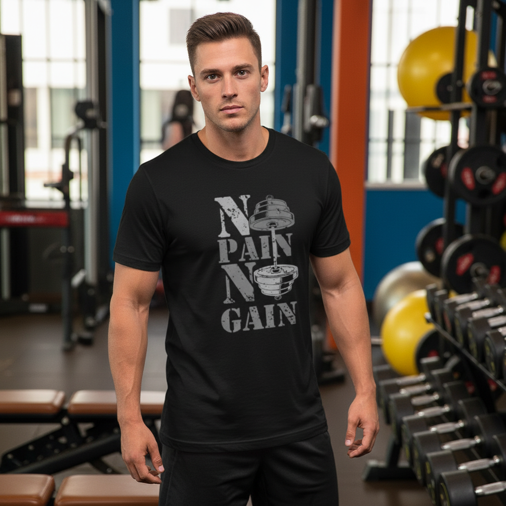 Unisex No Pain No Gain Graphic T-Shirt With Dumbbell Design For Gym Workouts And Everyday Training