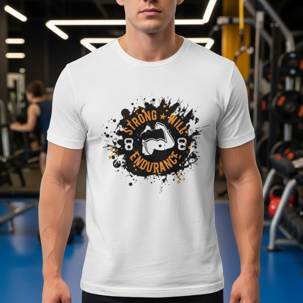 Unisex Short Sleeve T Shirt With Strong Will Endurance Graphic Logo In Black And Orange On White