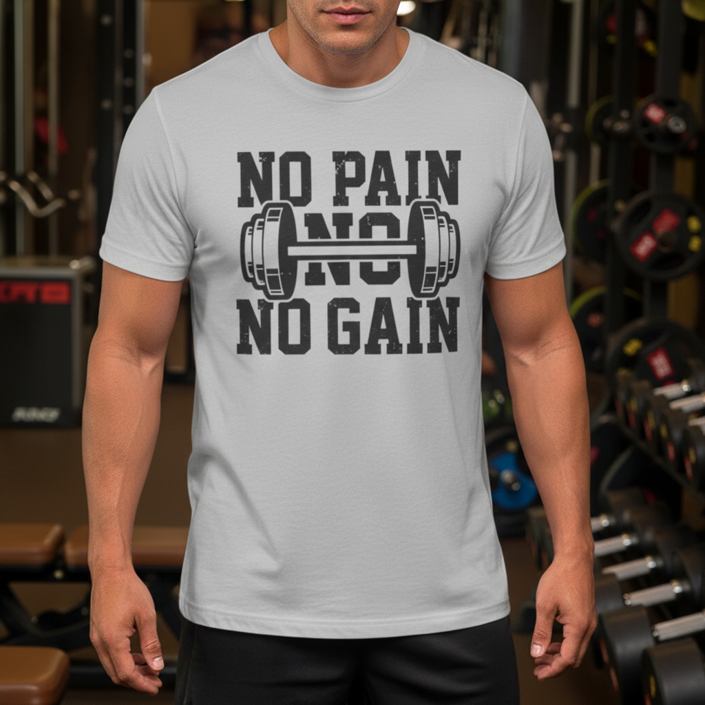 No Pain No Gain Unisex Weightlifting Graphic T Shirt With Barbell Design For Gym Enthusiasts