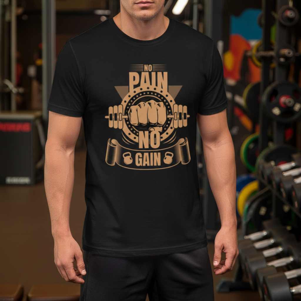 No Pain No Gain Unisex Graphic T Shirt With Fist Lifting Barbell Design In Orange Color