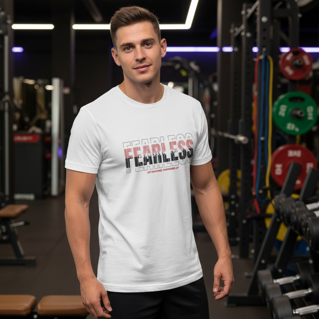 Unisex Fearless Graphic T Shirt With Bold Overlaid Text Design For Workout And Streetwear