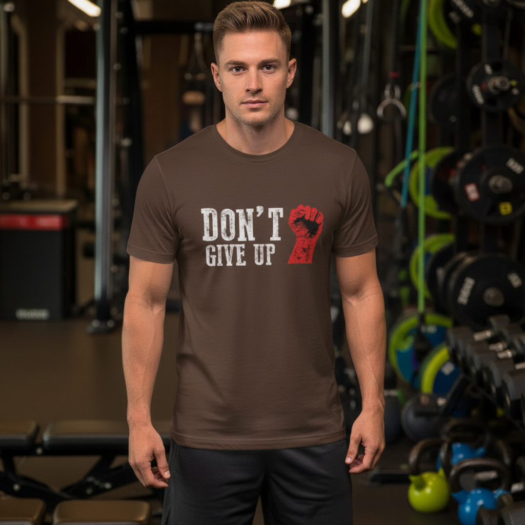 Don't Give Up Graphic Unisex T Shirt With Red Fist Print On White Cotton Tee For Active Wear