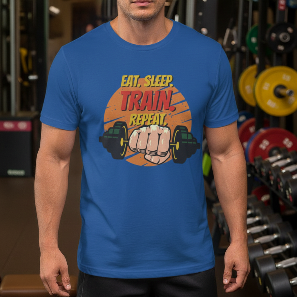 Eat Sleep Train Repeat Unisex Fitness Graphic T Shirt For Gym And Workout Cotton Short Sleeve
