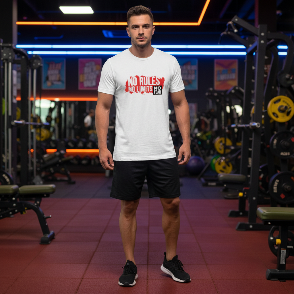 No Rules No Limits No Fear Graphic Tee For Unisex Short Sleeve Cotton T Shirt With Bold Red Print