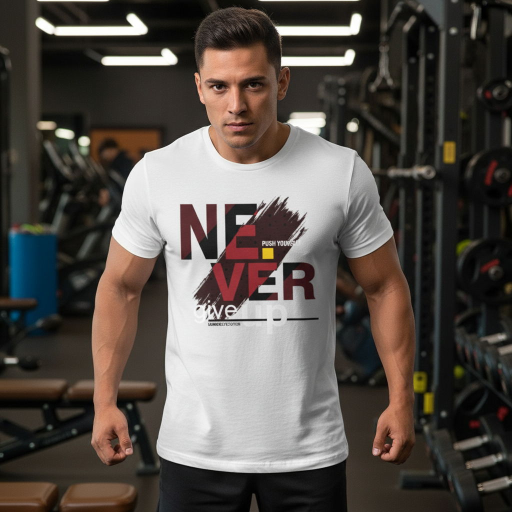 Never Give Up Graphic T Shirt Unisex White Cotton Tee With Bold Red Black Design