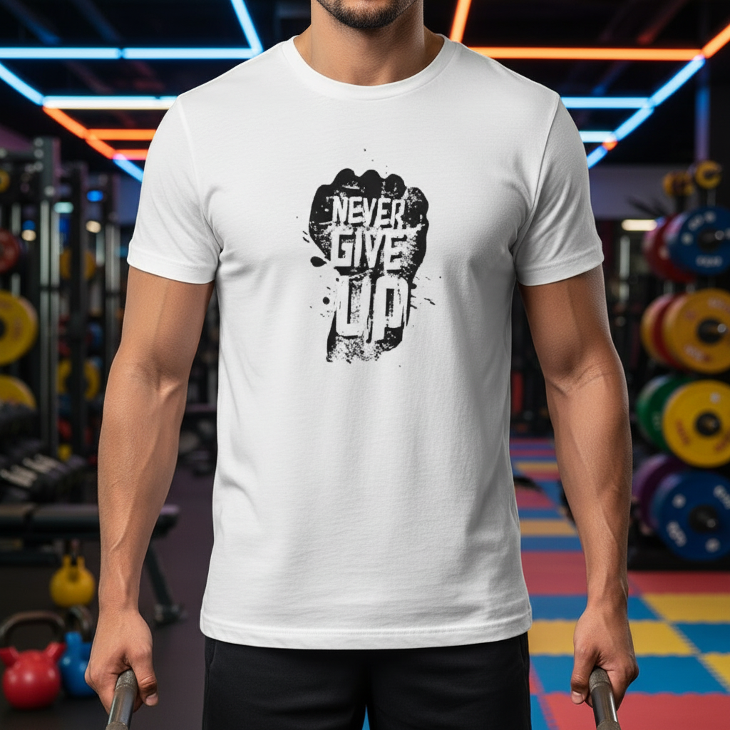 Never Give Up Fist Graphic Unisex Cotton Short Sleeve T Shirt With Bold Black Print