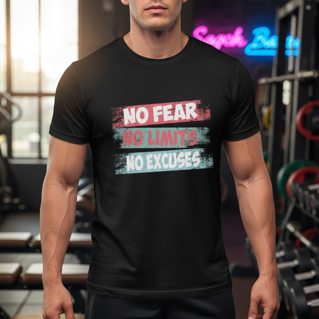Unisex Graphic T Shirt No Fear No Limits No Excuses Inspirational Print On White
