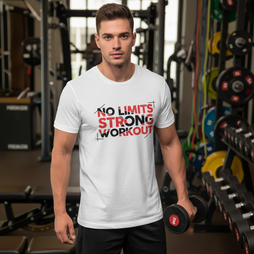 No Limits Strong Workout Graphic Unisex T Shirt White Short Sleeve Cotton Tee For Training