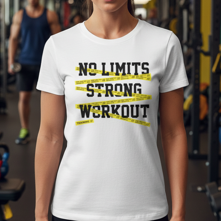 No Limits Strong Workout Unisex T Shirt With Yellow Caution Tape Graphic For Training