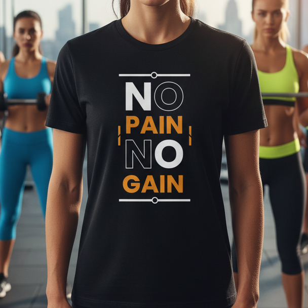 No Pain No Gain Graphic Tee For Unisex Short Sleeve Cotton T Shirt With Bold Orange Text And Minimalist Designs