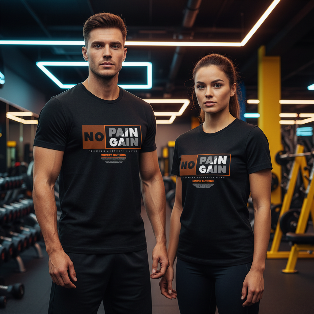 No Pain No Gain Graphic Tee Unisex Short Sleeve Shirt With Orange Accented Panel
