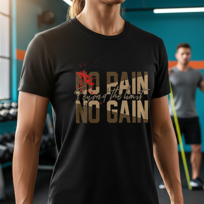 Unisex No Pain No Gain Graphic T Shirt With Bold Block Text And Red Splatter Design For Active Lifestyles