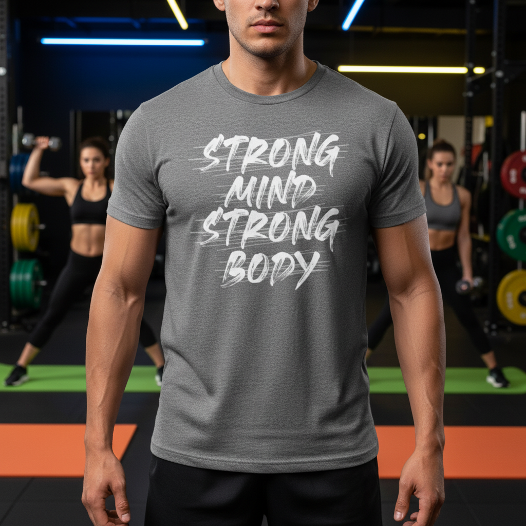 Premium Cotton White Unisex Graphic T Shirt With Strong Mind Strong Body Design Print