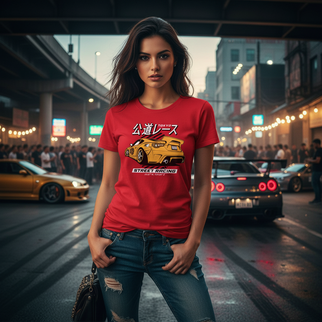 Acura NSX Street Racing Graphic T Shirt With Yellow Race Car And Japanese Text Design