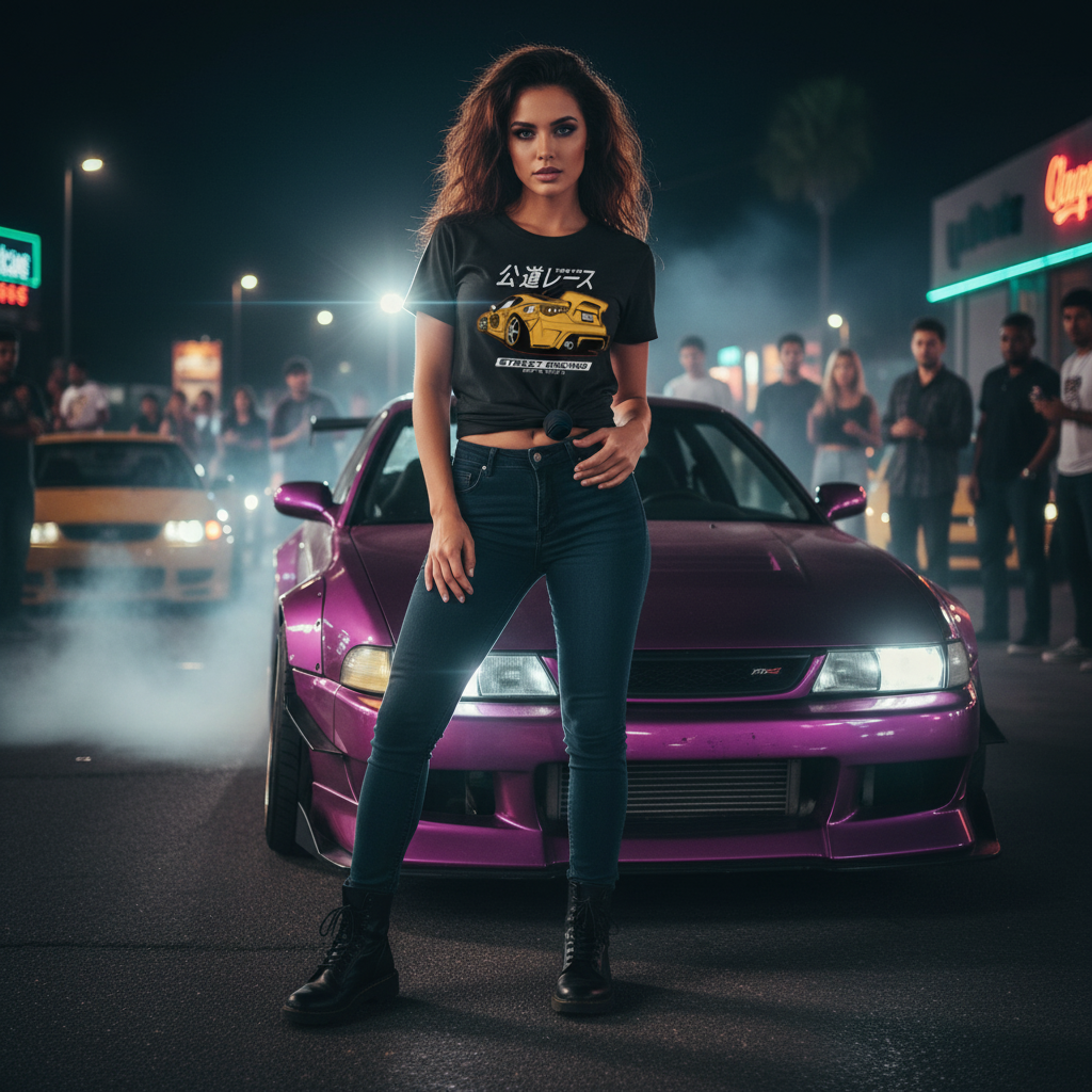 Acura NSX Street Racing Graphic T Shirt With Yellow Race Car And Japanese Text Design