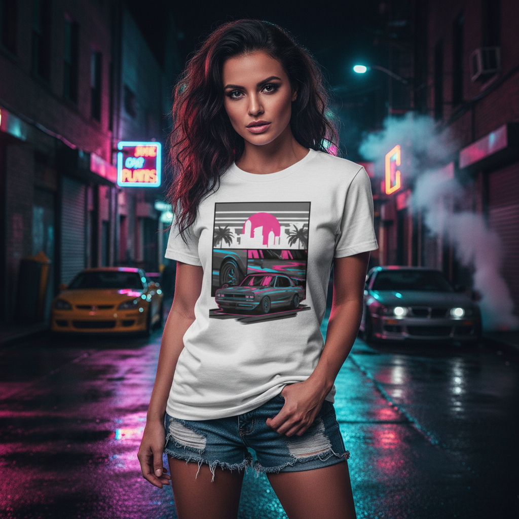 Datsun 240Z Neon Car Graphic T Shirt With Sunset Skyline And Palm Trees Unisex Casual Wear