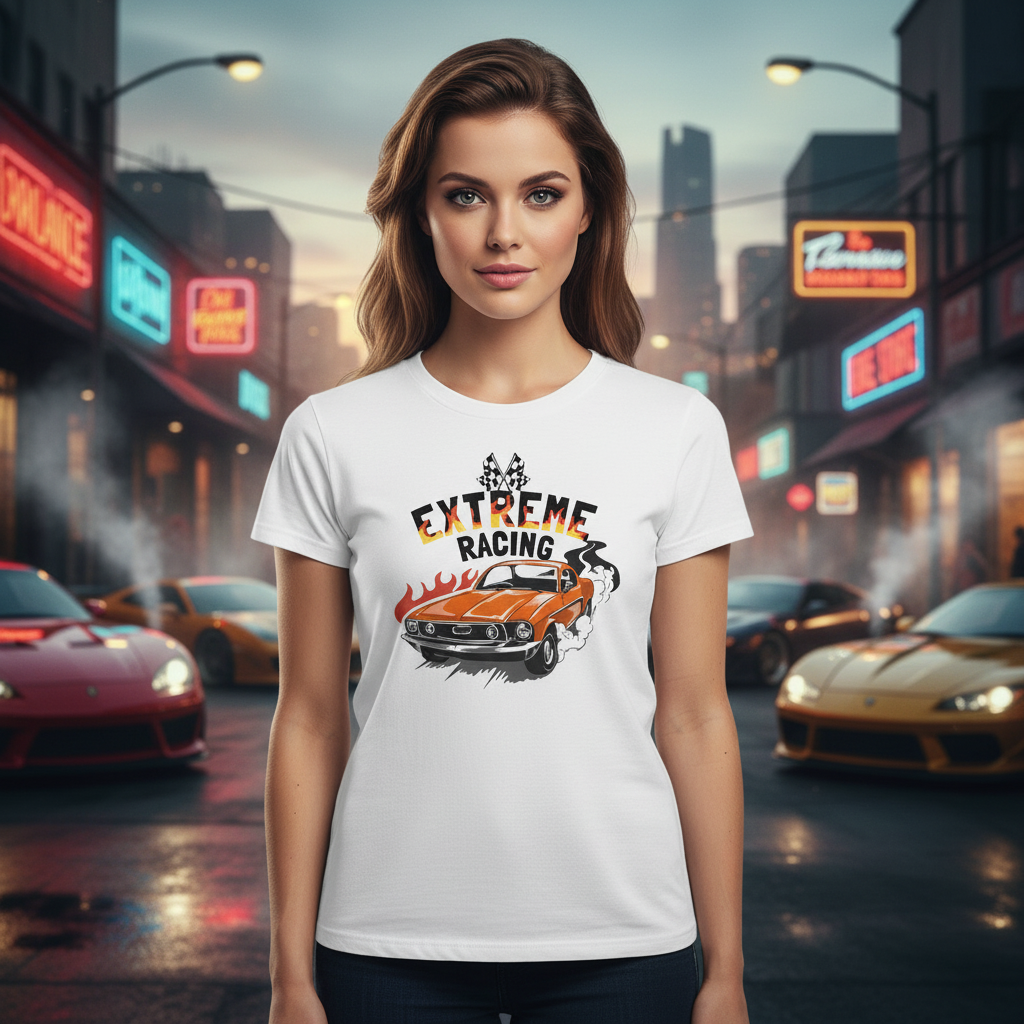 Extreme Racing Graphic Tee With Orange Classic Car On White Unisex Automotive Style Tee
