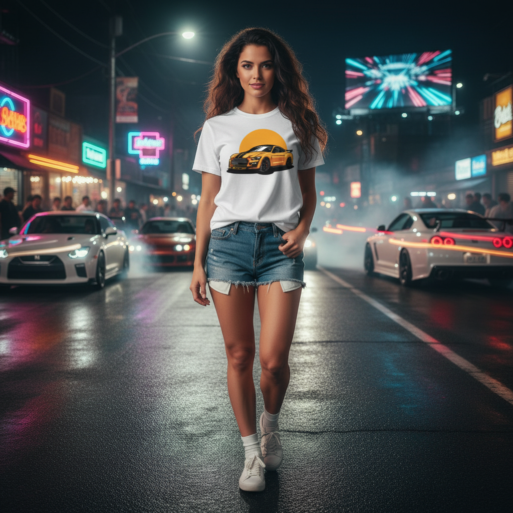 Unisex Ford Mustang Graphic T Shirt Featuring Orange Car And Sunset Design For Car Enthusiasts