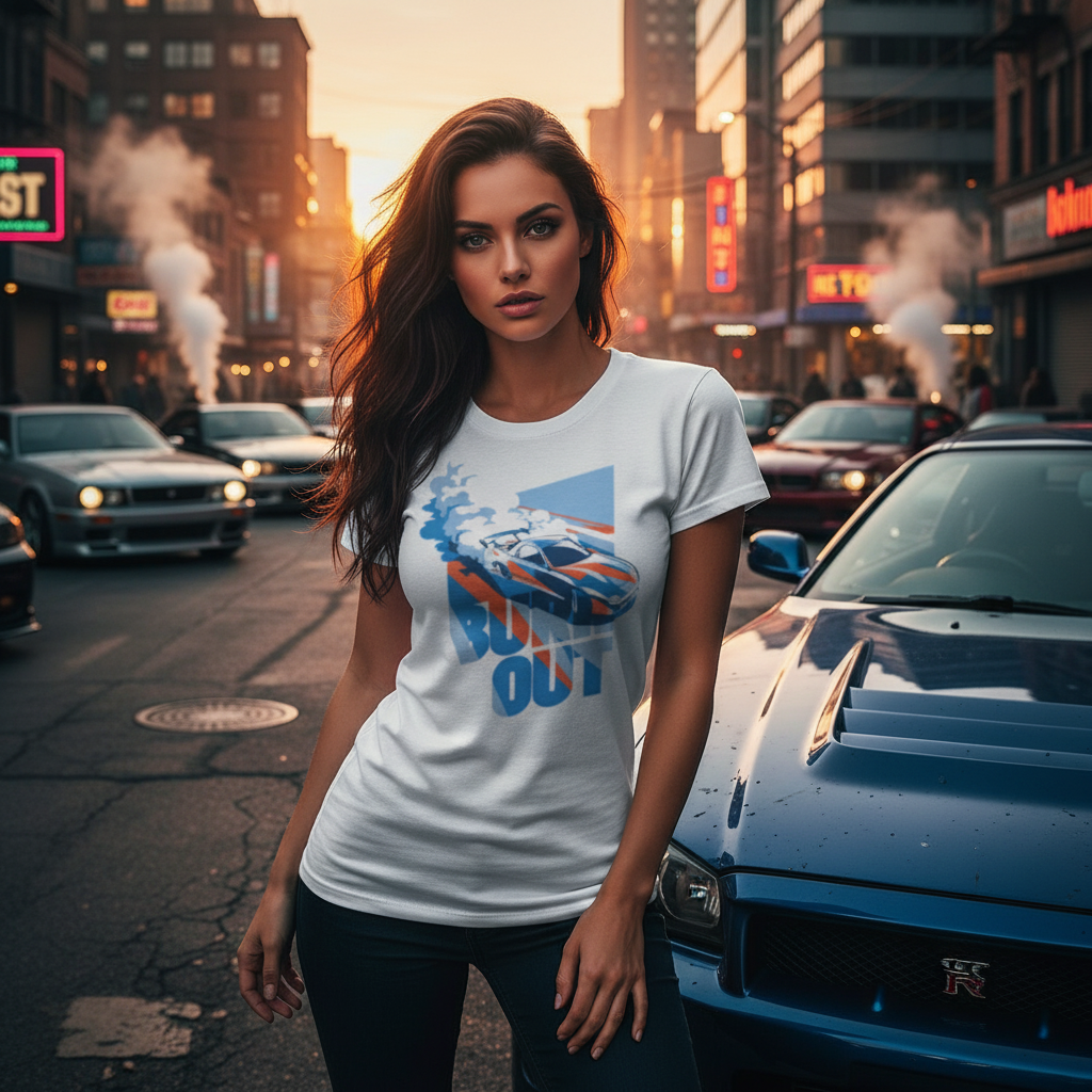 Mazda RX-7 Inspired Unisex Graphic T Shirt Featuring Burnout Car Art In Blue And Orange