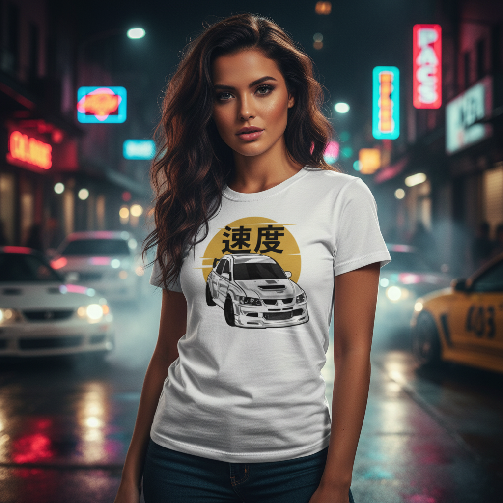Mitsubishi Lancer Evolution IX White Unisex T Shirt Featuring Speed Kanji Car Graphic