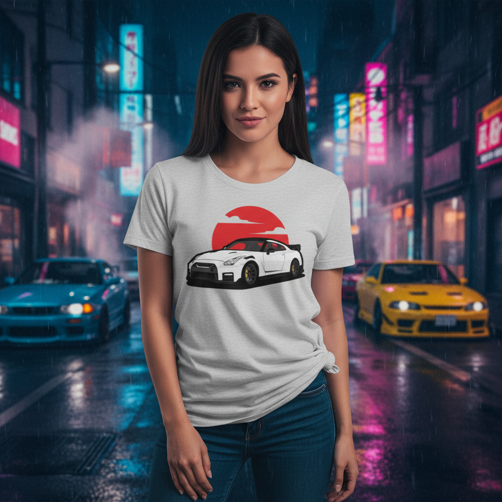 Unisex T Shirt With White Nissan GTR R35 Car Graphic And Red Sunset Backdrop Design