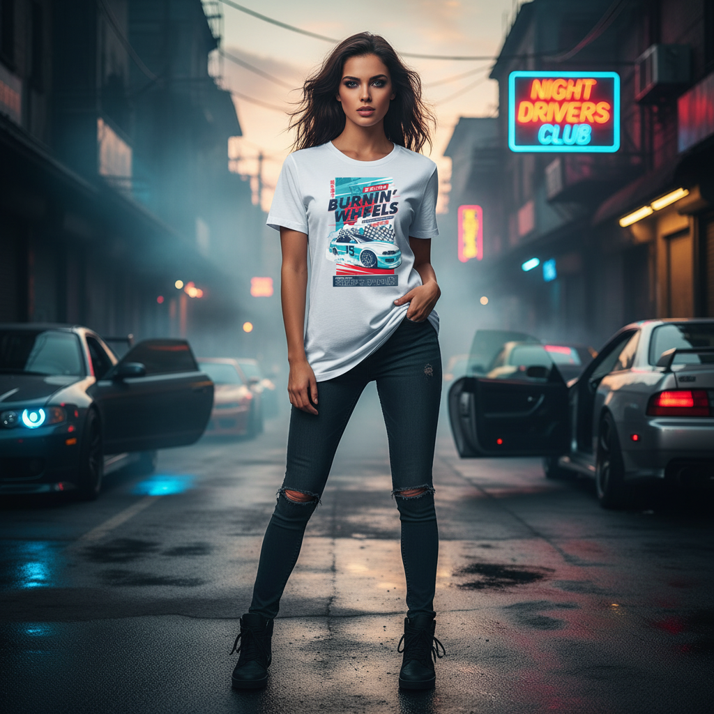 Burnin Wheels Drift Team Graphic Unisex T Shirt With Car Illustration Tokyo City Design Edition