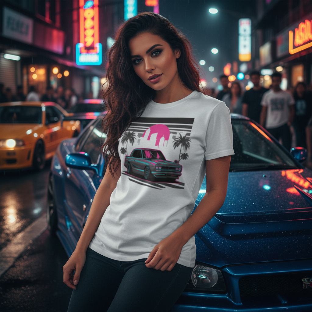 Nissan Skyline Neon Sunset Graphic Unisex T Shirt With Palm Trees And City Skyline