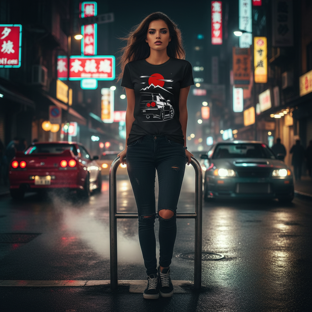 Nissan Skyline GTR R34 Unisex Graphic T Shirt With Japanese Sun And Mountain Illustration