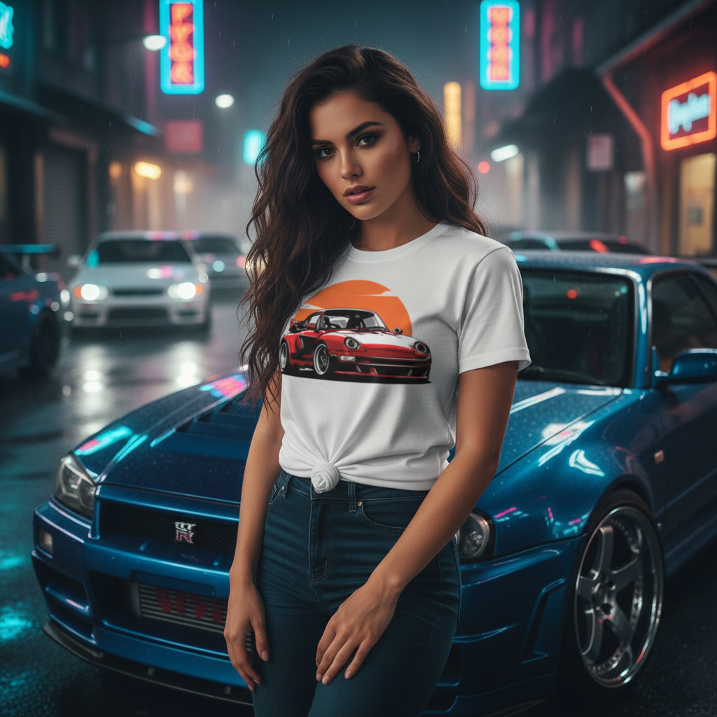 Porsche 911 Graphic T Shirt Unisex Car Enthusiast Tee With Sunset Orange Circle Artwork