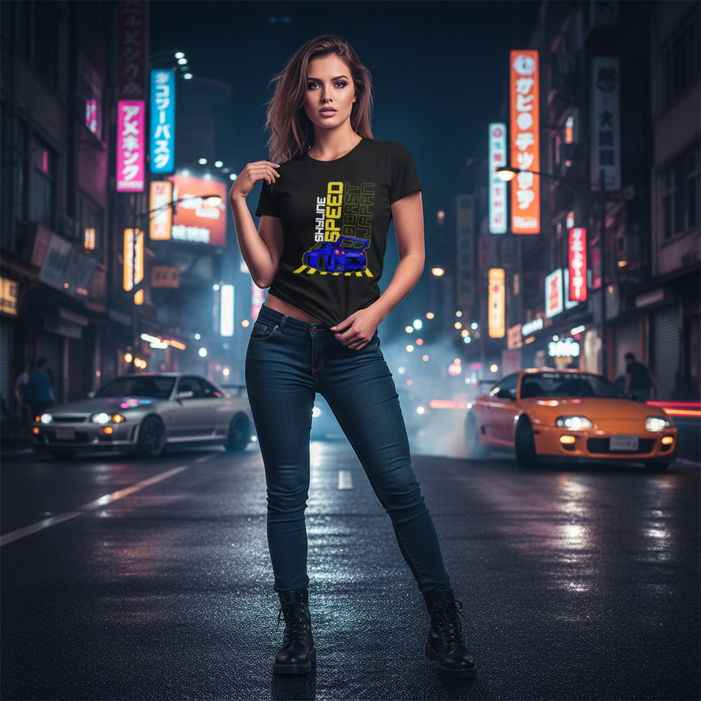 R35 Nissan GTR Graphic Tee Unisex Blue Car Artwork With Racing Stripes Inspired Design