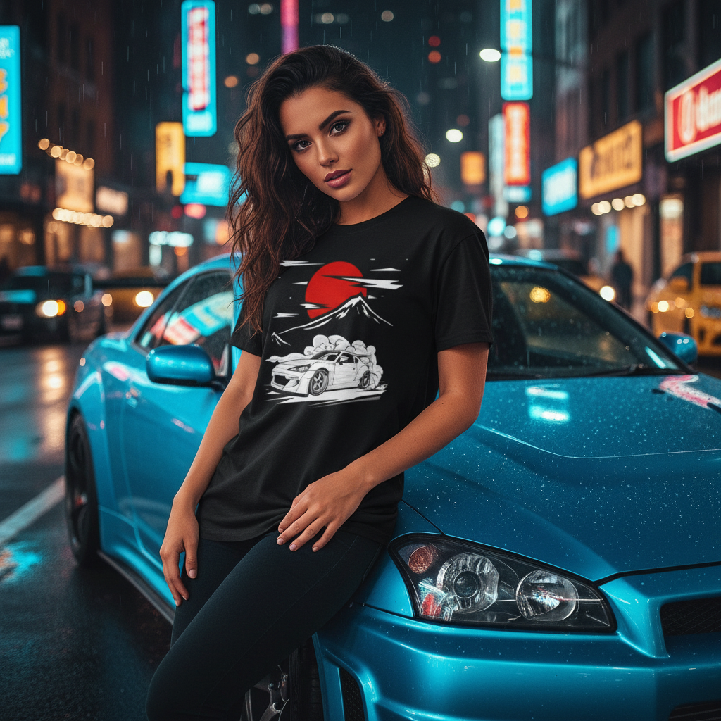 Toyota GR86 Unisex T Shirt With Drift Car Graphic Under Red Sun And Mountain Scene