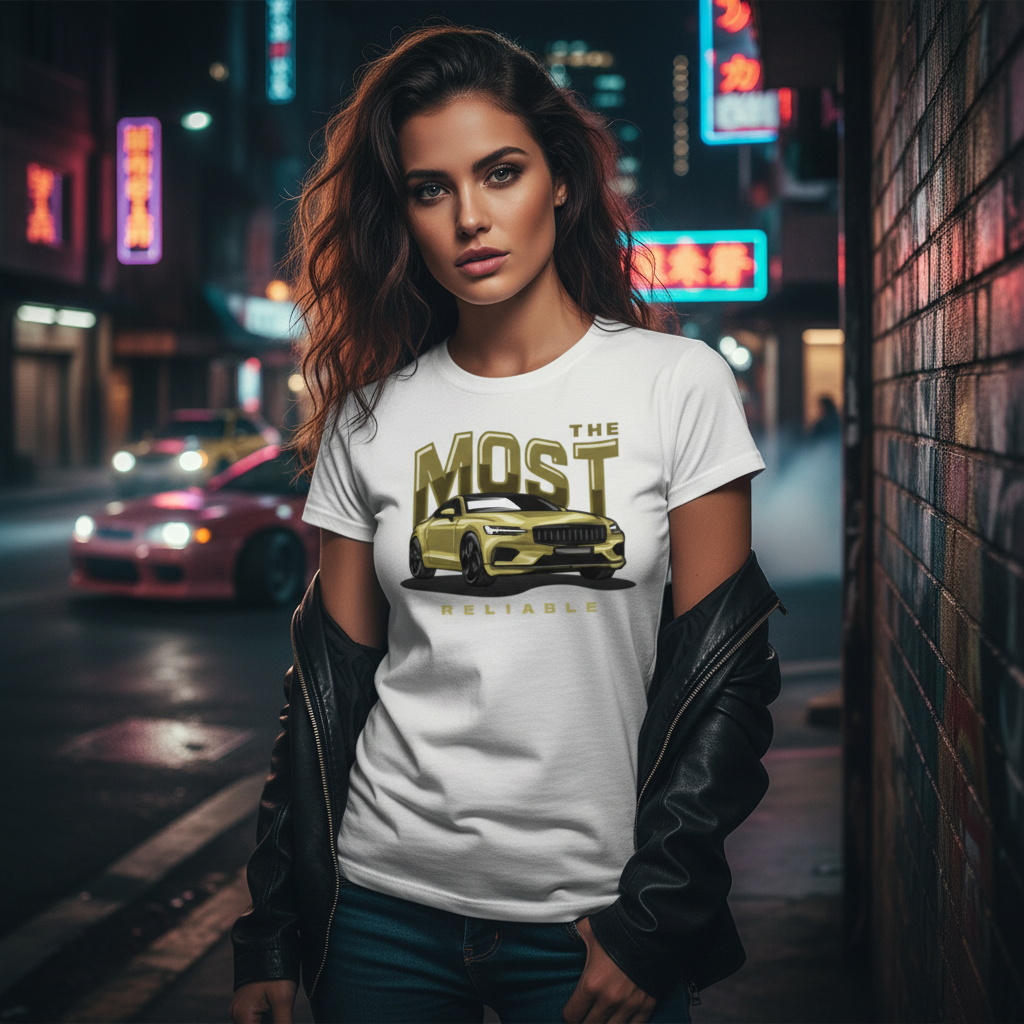 Most Reliable Car Graphic T Shirt Unisex White Tee With Yellow Sedan Illustration