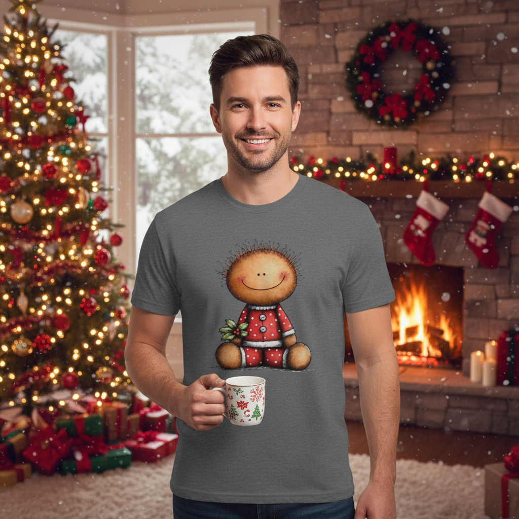 Unisex Christmas T Shirt Featuring Cute Smiley Doll In Red Polka Dot Pajamas And Holly