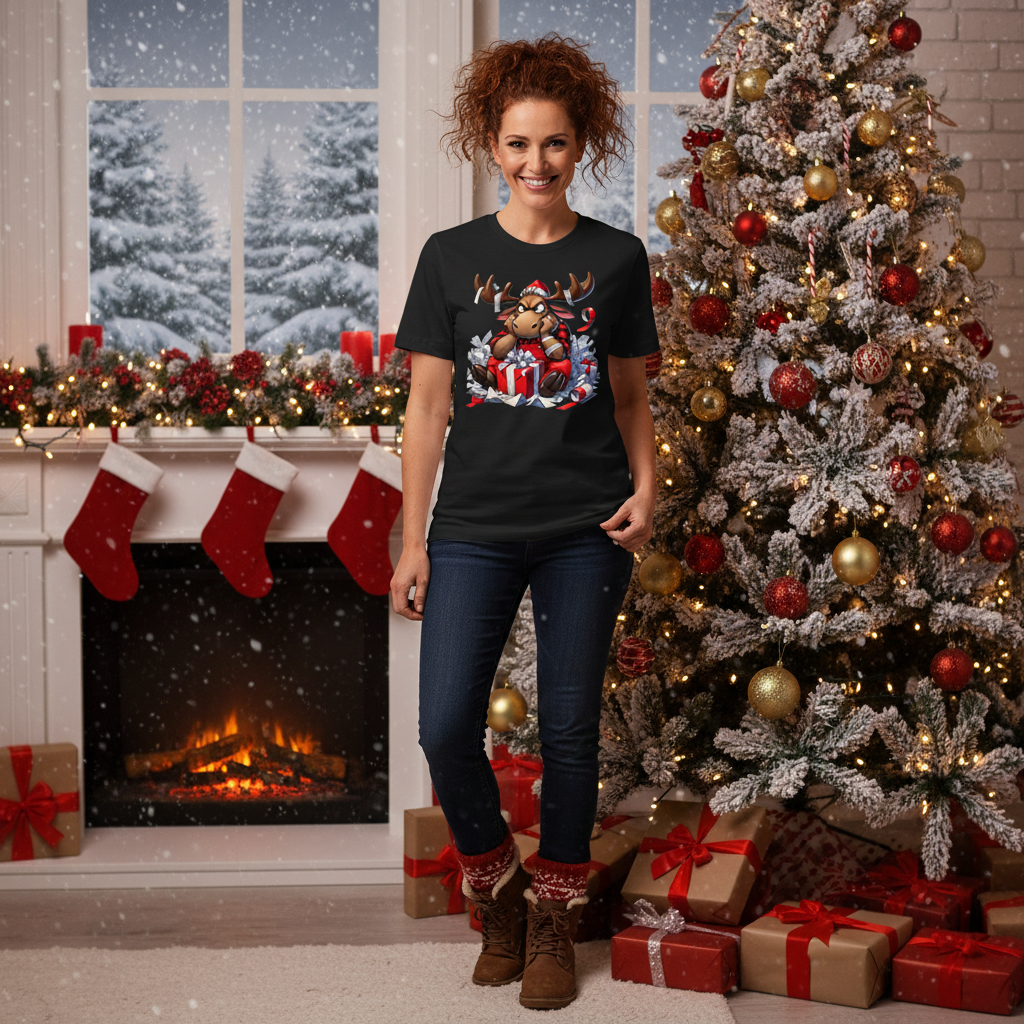 Unisex Christmas Moose Illustration T Shirt With Santa Hat And Gift Boxes Design