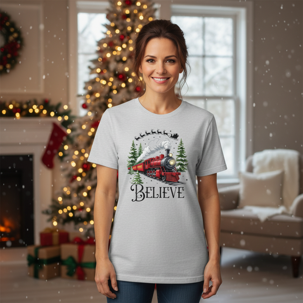 Unisex Christmas Train T Shirt With Red Steam Locomotive And Believe Graphic Artwork