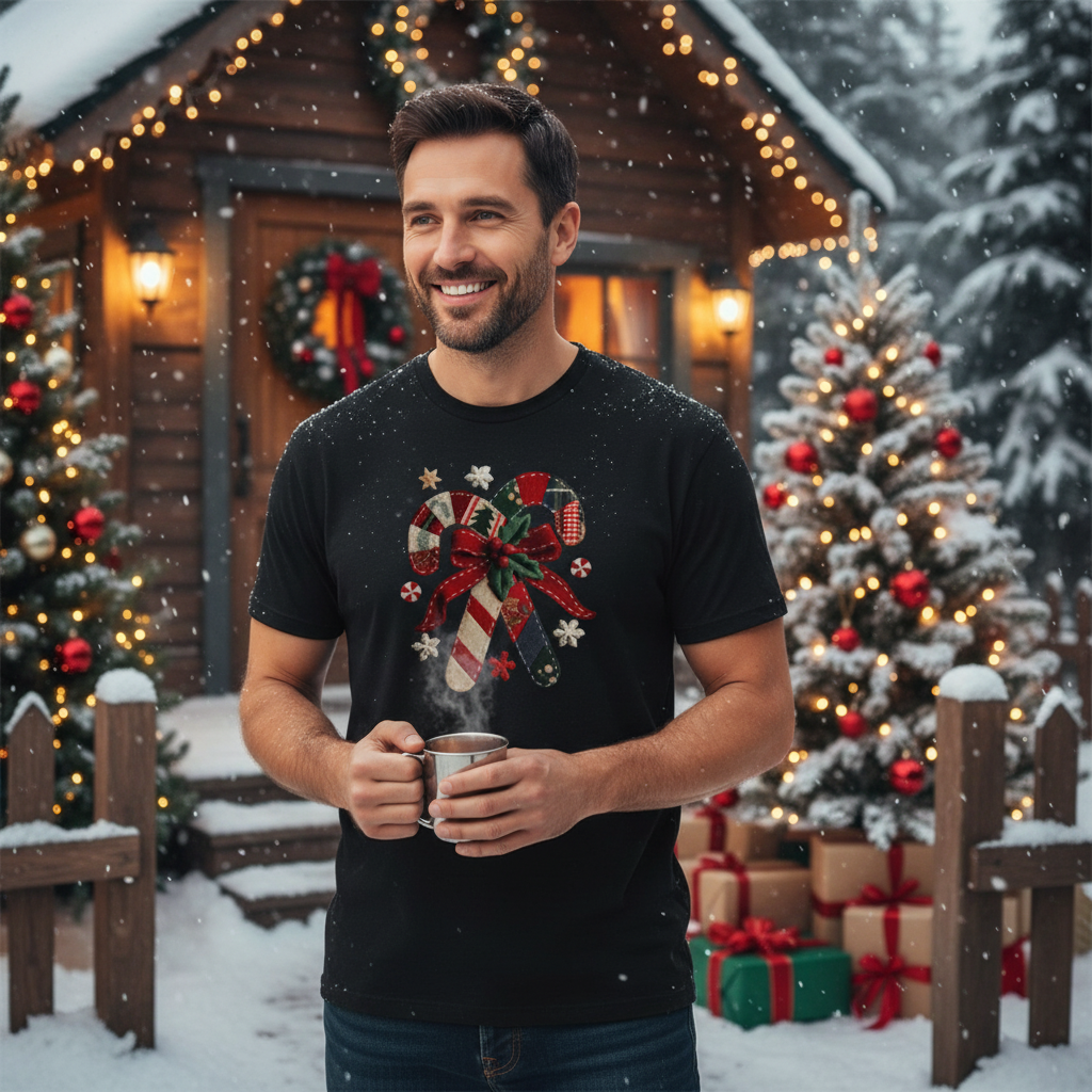 Unisex Christmas Candy Cane Bow Graphic T Shirt With Plaid Red Green Holiday Design