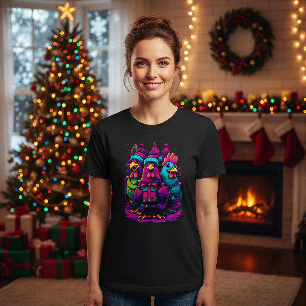 Unisex Christmas T Shirt With Neon Colorful Chickens Gift Box And Christmas Trees Graphic