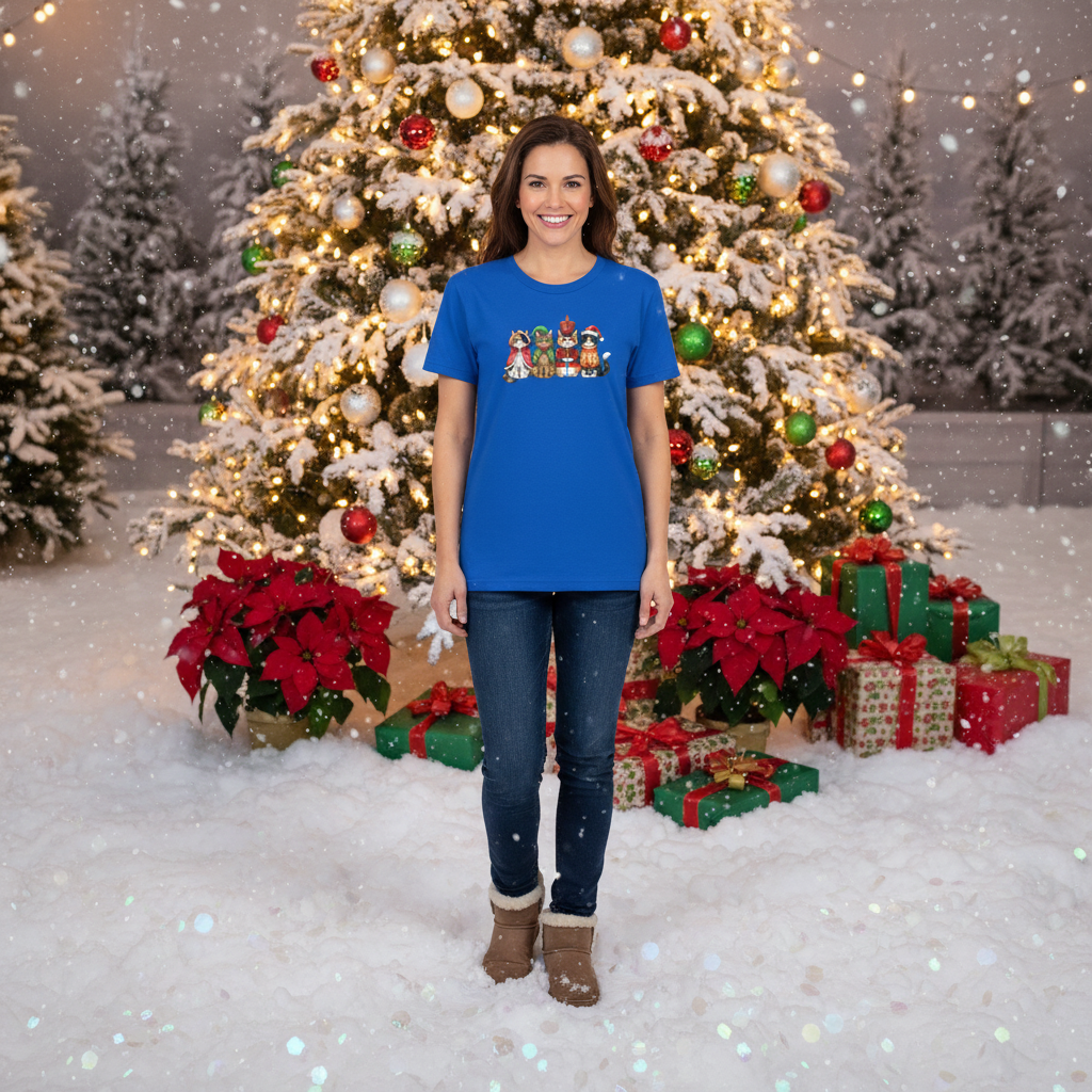 Unisex White T Shirt Featuring Five Festive Cats In Christmas Costumes Artwork Colorful Illustration