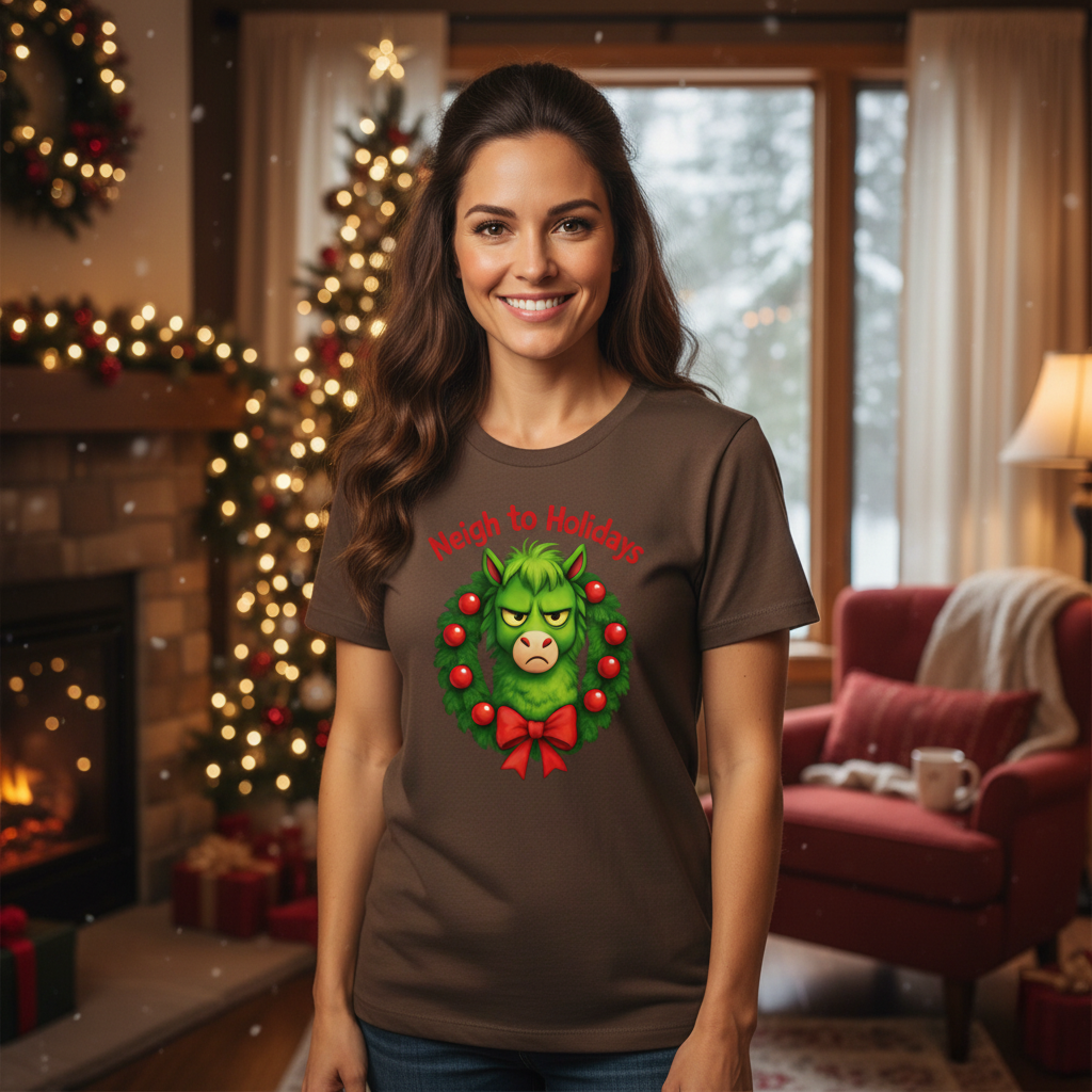 Neigh To Holidays Grinch Themed Christmas T Shirt With Festive Wreath Design Graphic Tee