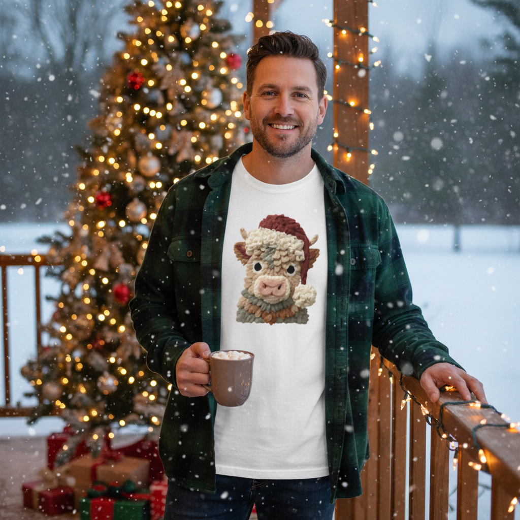 Unisex T Shirt With Festive Knitted Bull Portrait And Santa Hat Christmas Design