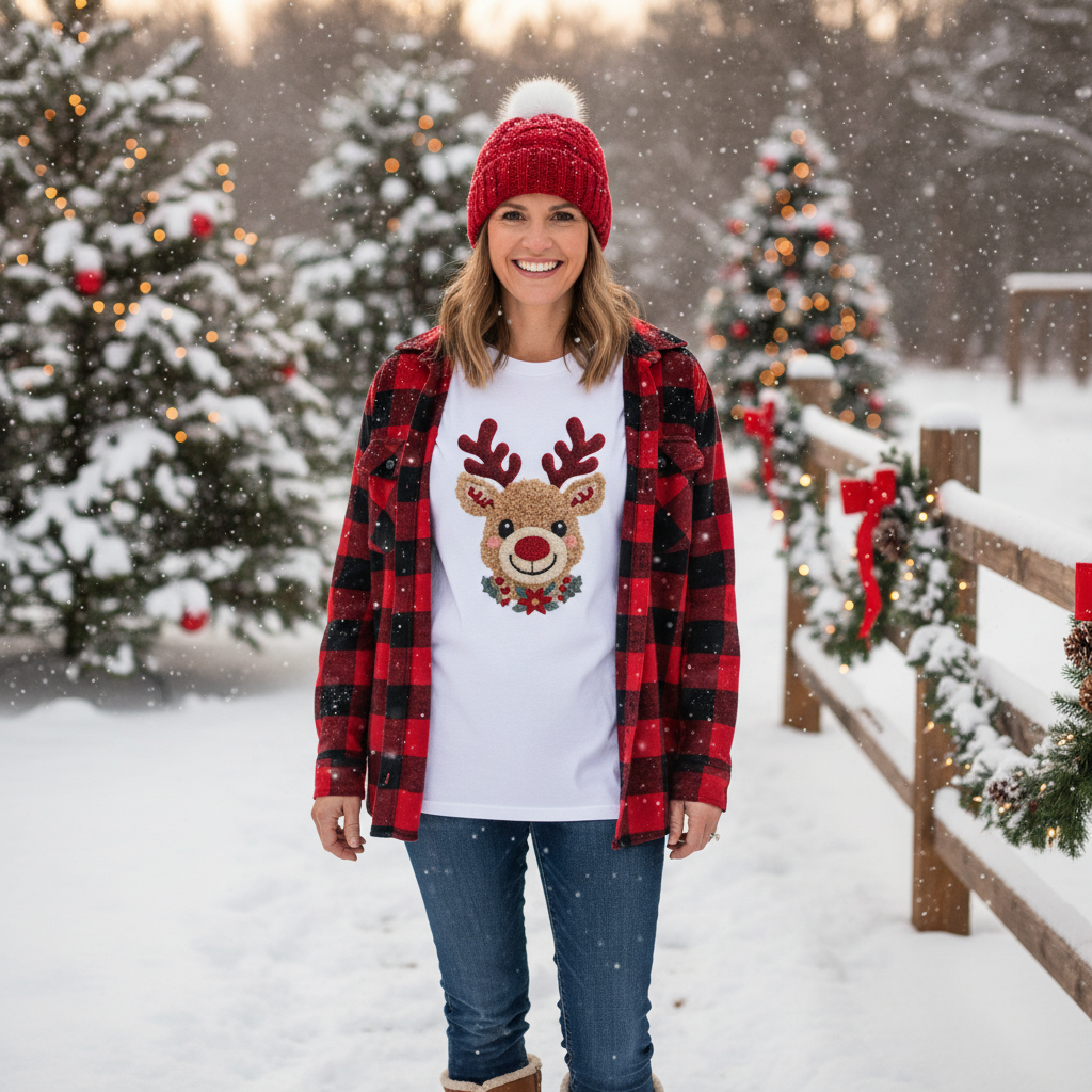 Unisex Christmas T Shirt With Reindeer Face Design And Festive Details