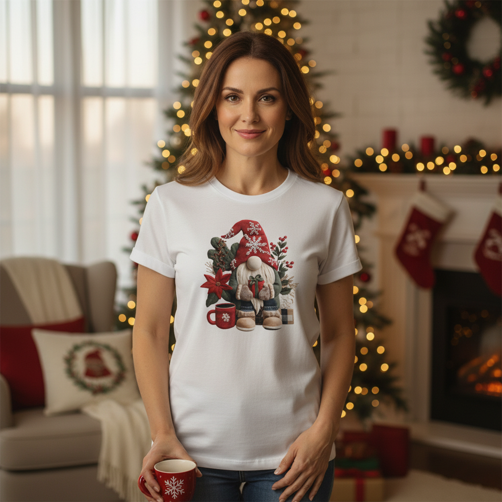 Christmas Gnome Graphic Unisex T Shirt With Red Hat Poinsettia And Cozy Winter Elements