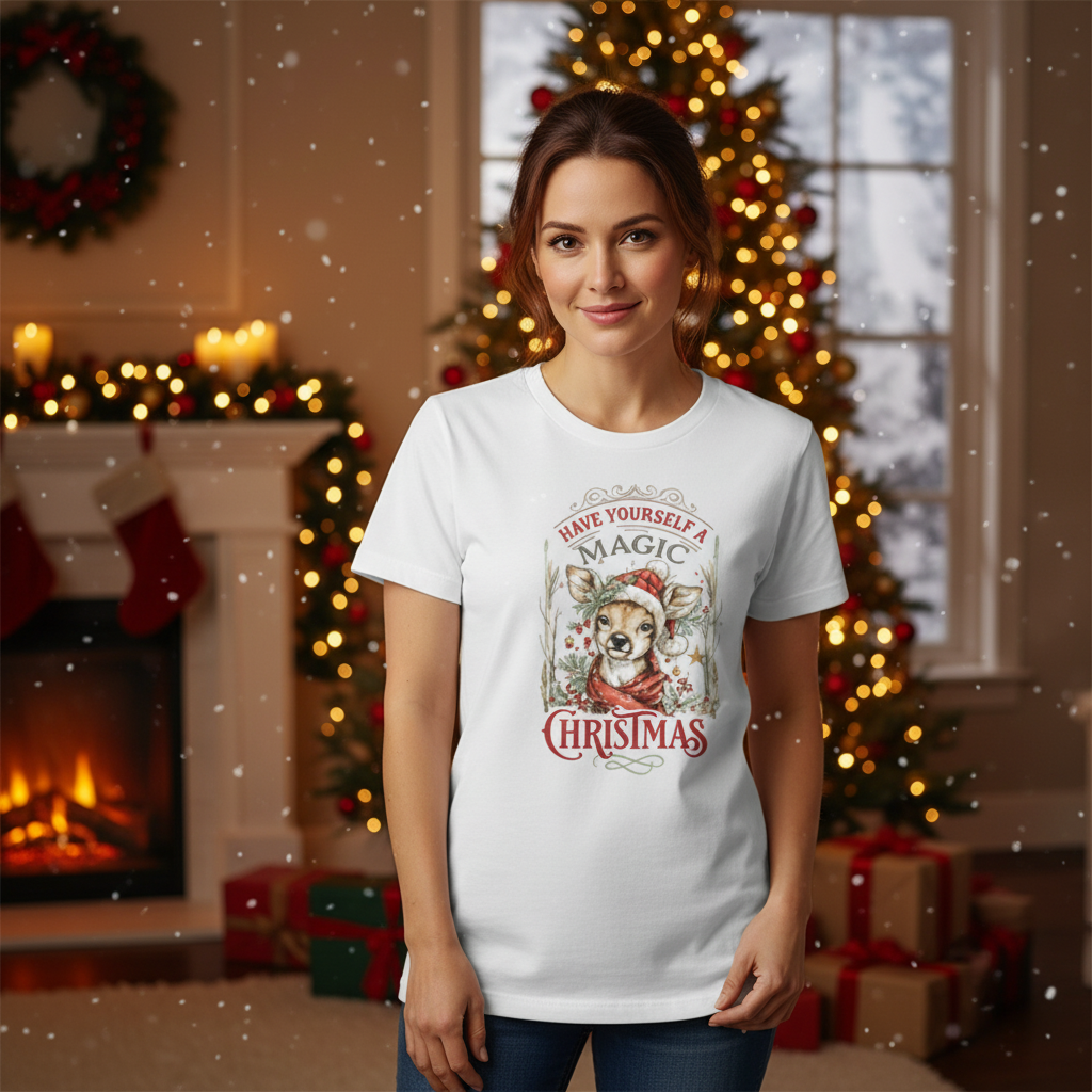 Unisex Christmas T Shirt With Festive Dog Wearing Santa Hat And Red Scarf Graphic