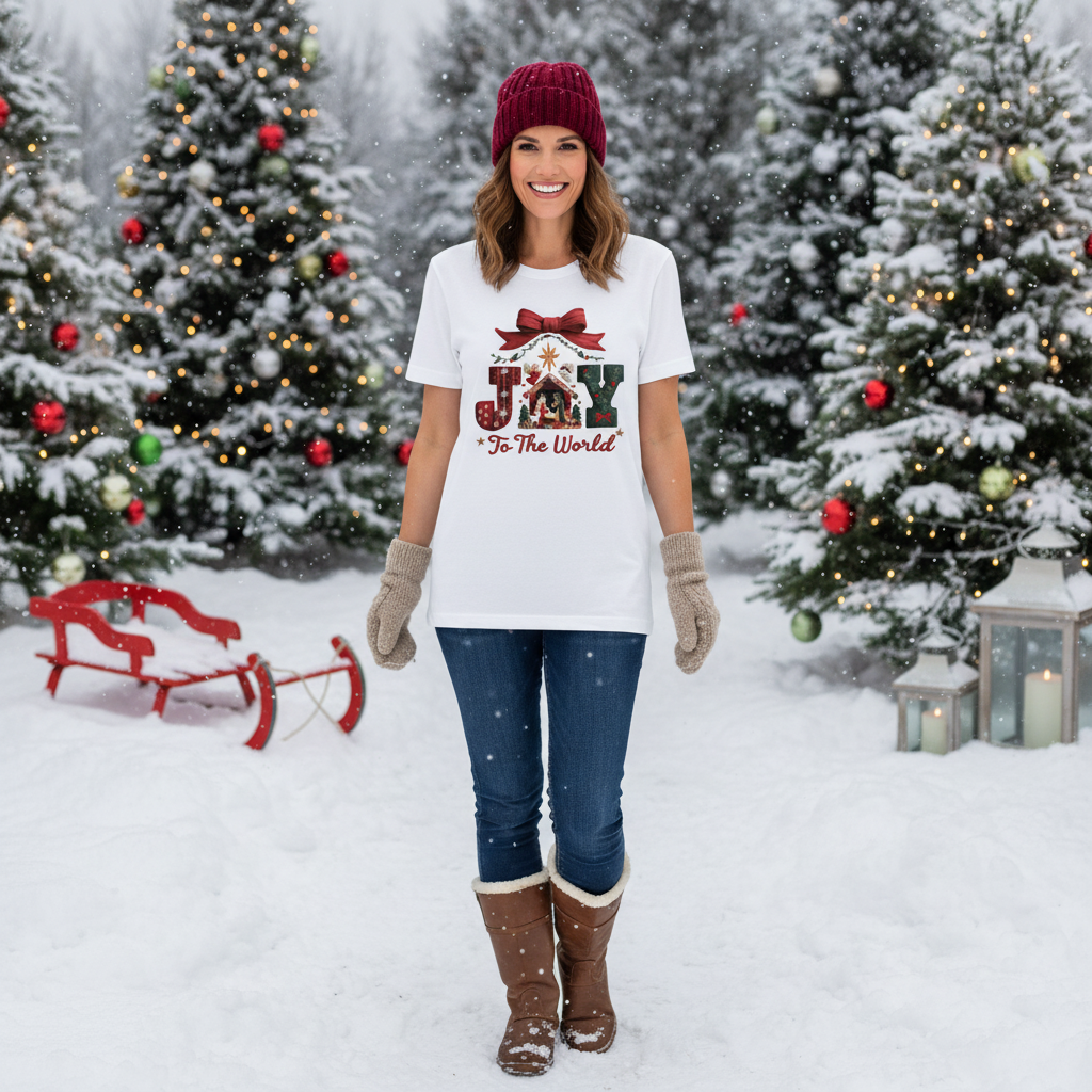 Joy To The World Christmas Graphic T Shirt Unisex White Cotton Shirt With Nativity Scene