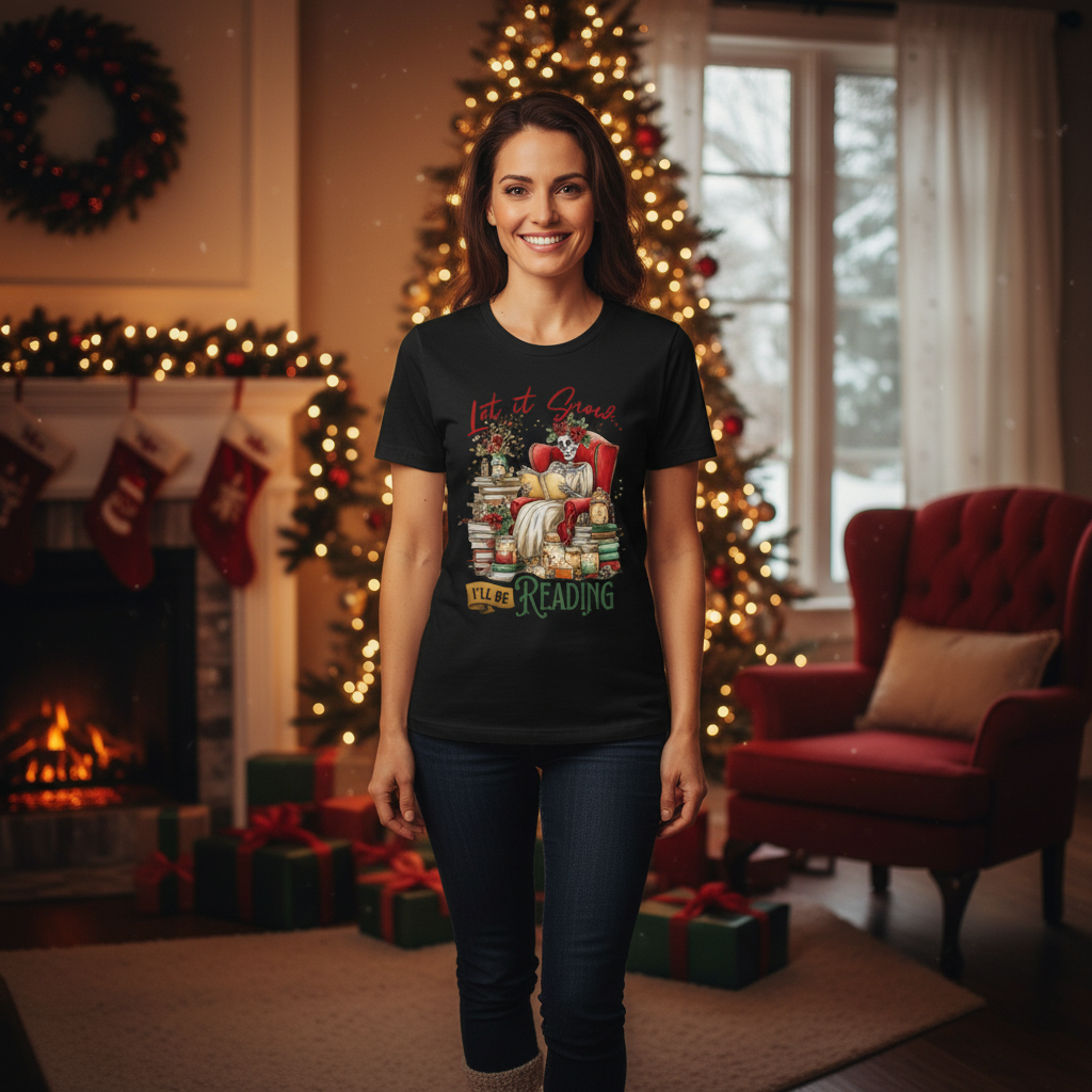 Let It Snow I Will Be Reading Skeleton Reading Cozy Armchair Unisex Christmas T Shirt