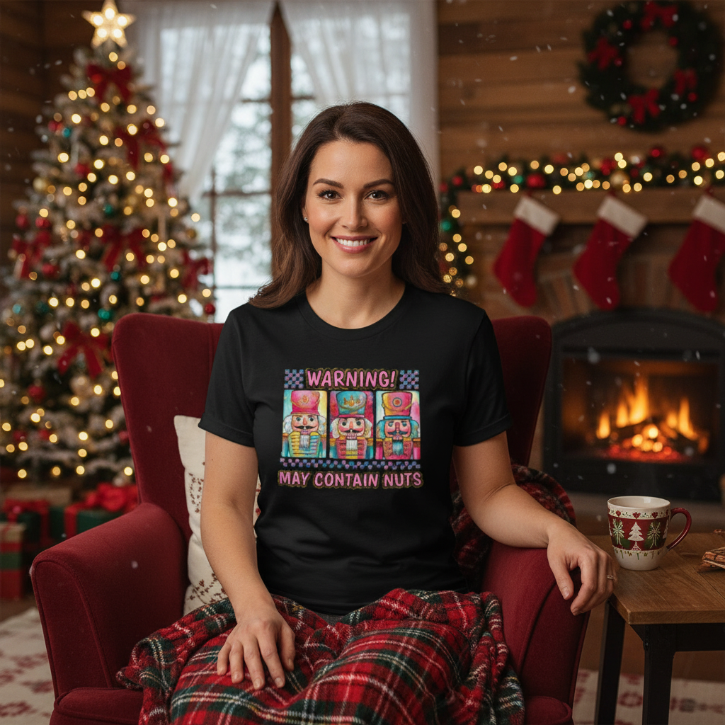 Warning May Contain Nuts Nutcracker Themed Graphic T Shirt Featuring Three Nutcrackers