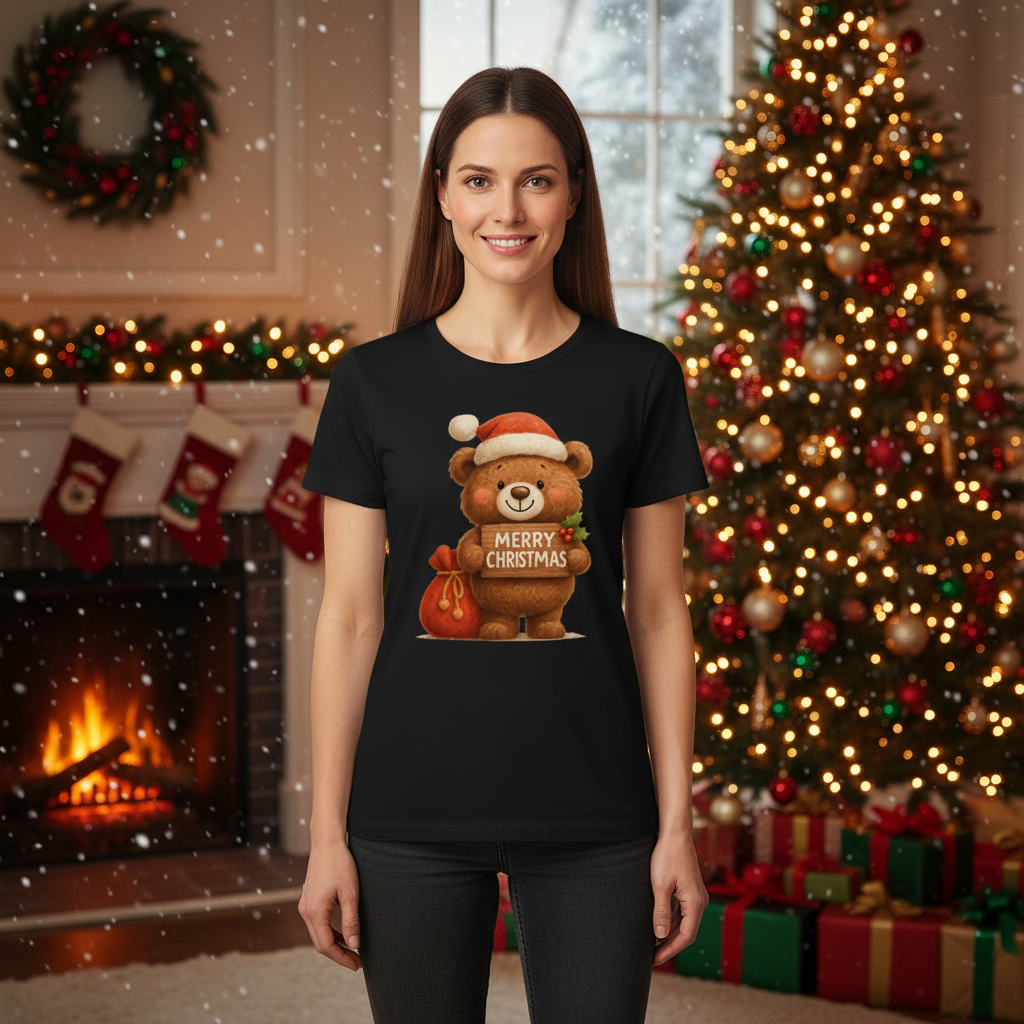 Unisex Christmas T Shirt With Cute Teddy Bear Santa Hat Holding Merry Christmas Sign Graphic