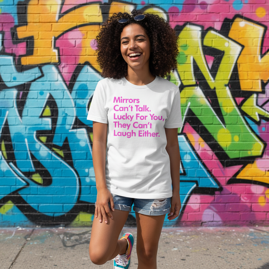 Mirrors Can't Talk They Can't Laugh Either Unisex Graphic Tee For Everyday Casual Wear With Pink Text