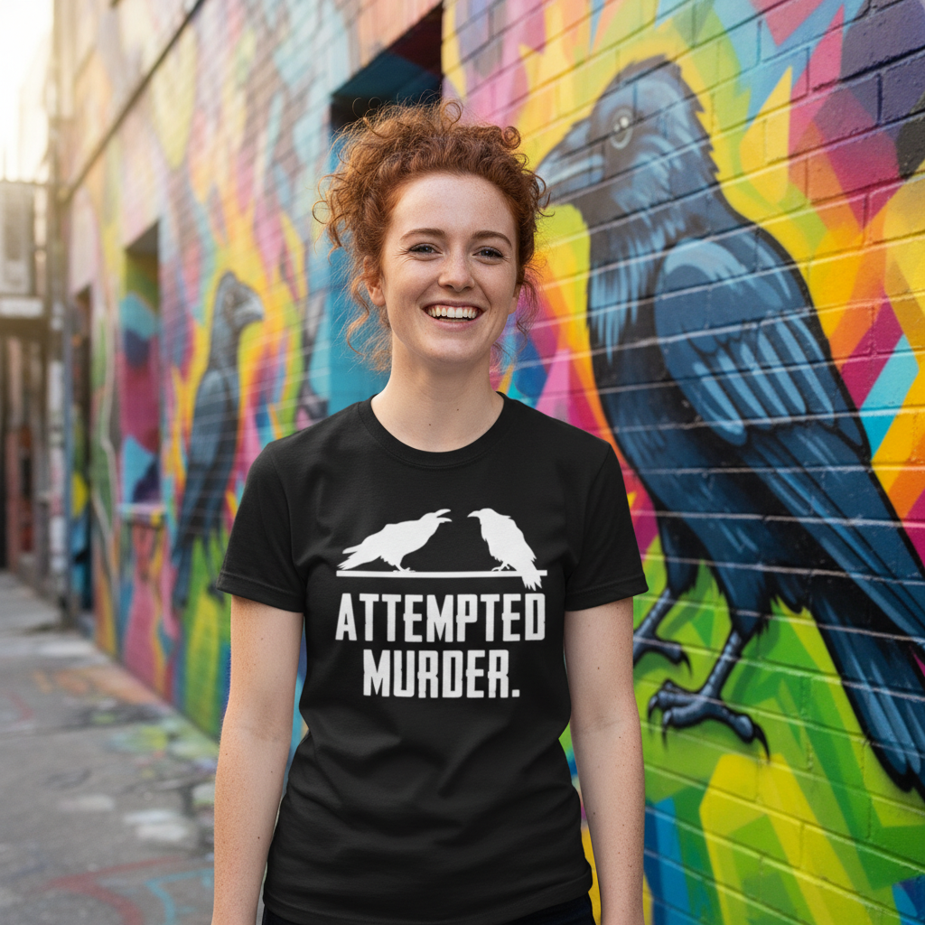 Unisex Graphic T Shirt With Attempted Murder Artwork Featuring Crow Silhouettes On Chest